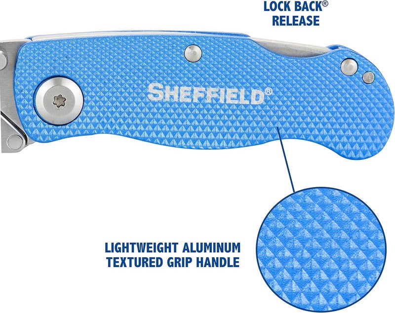 Sheffield 12514 Folding Utility Knife 3 Pack,Stocking Stuffers, Gifts for Men, Dad Gifts, Quick Change Utility Knife Blades, Compact Aluminum Handle, Box Cutter, Razor Blades Included - Image 5